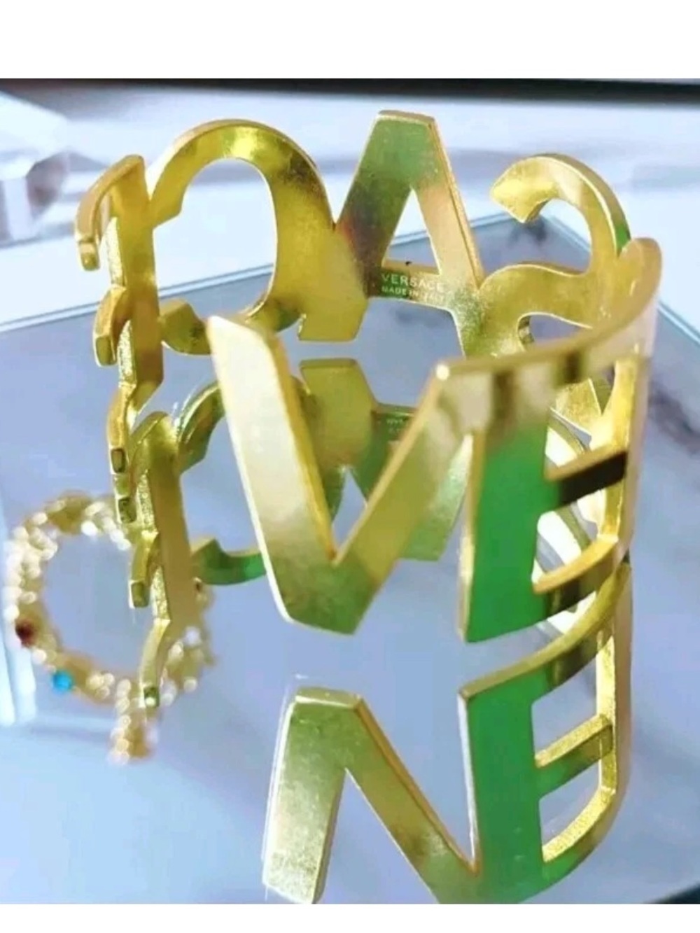 Gold Plated Versace Cut-Out Letter Logo Cuff Bracelet